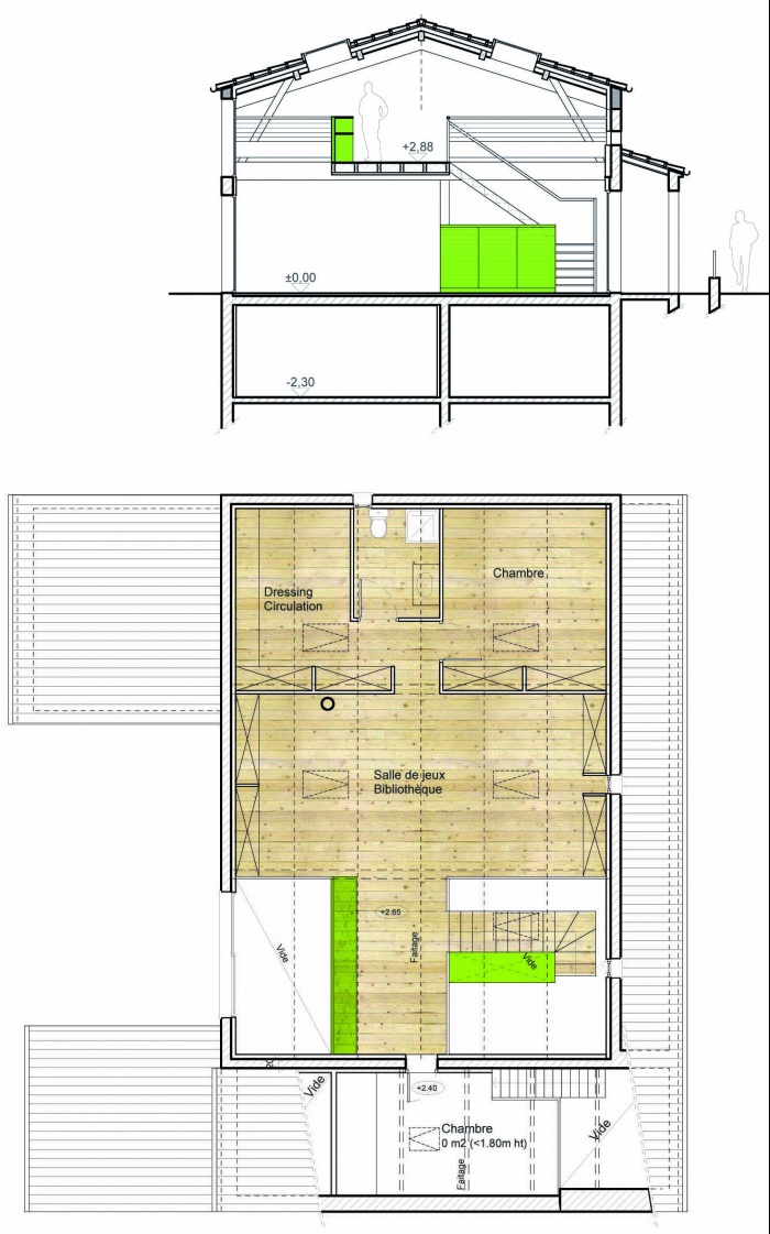 Surlvation d'une maison traditionnelle en coproprit : Navailles EPrel plan et coupe